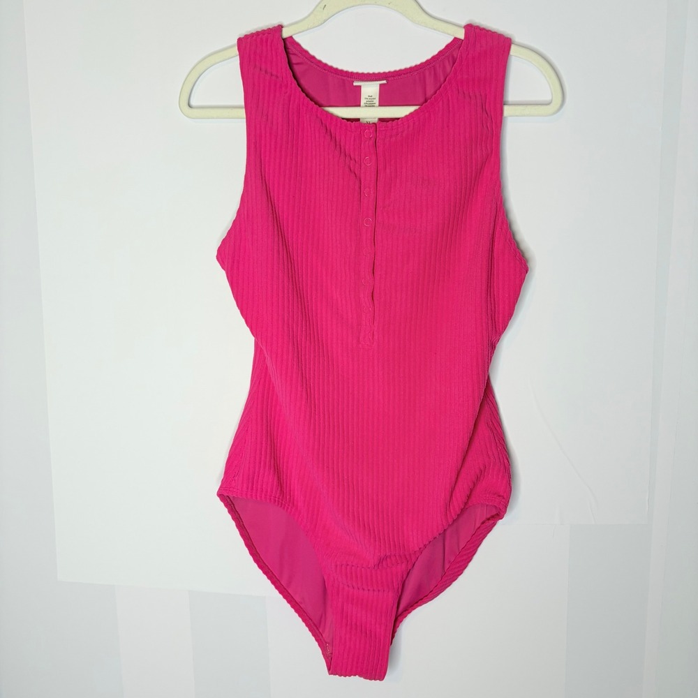 Andie Swim One Piece Swimsuit XL Barbiecore Pink Ribbed Henley Snap Front
